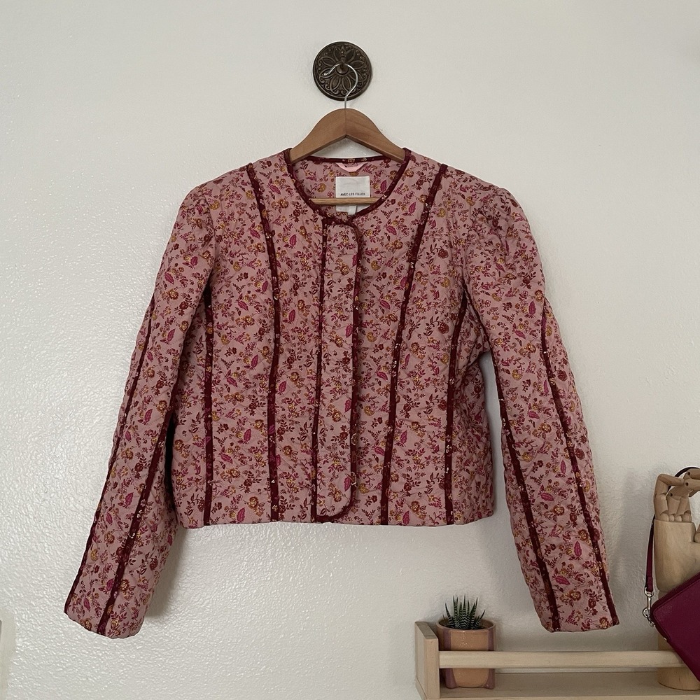 Avec Les Filles Womens Pink Floral Long Sleeve Cropped Quilted Jacket Large‎